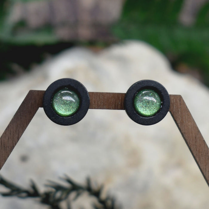Wood Stud Earrings With Resin Chameleon Cabochon #228