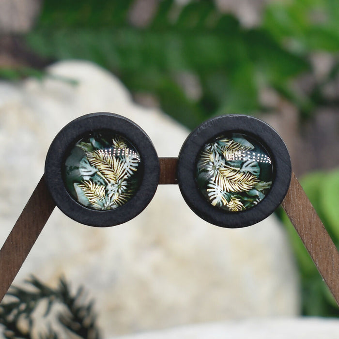 Wood Stud Earrings With Glass Tropical Cabochon #163