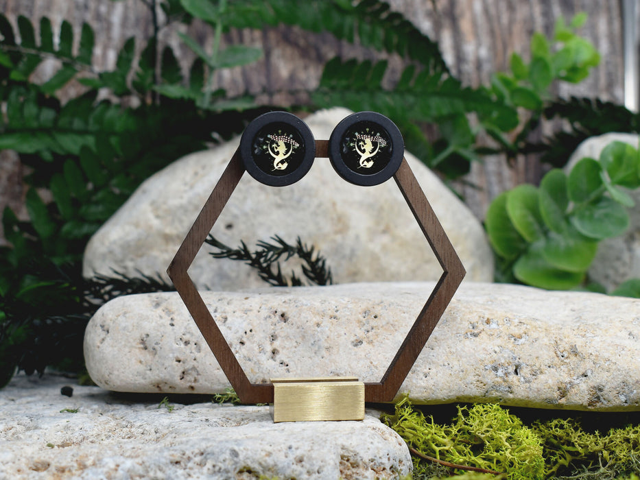 Wood Stud Earrings With Glass Cabochon #221