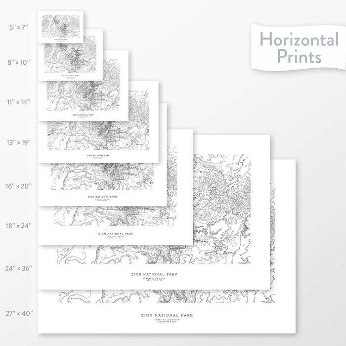 All sizes of horizontal prints for Zion National Park poster with topographic map.