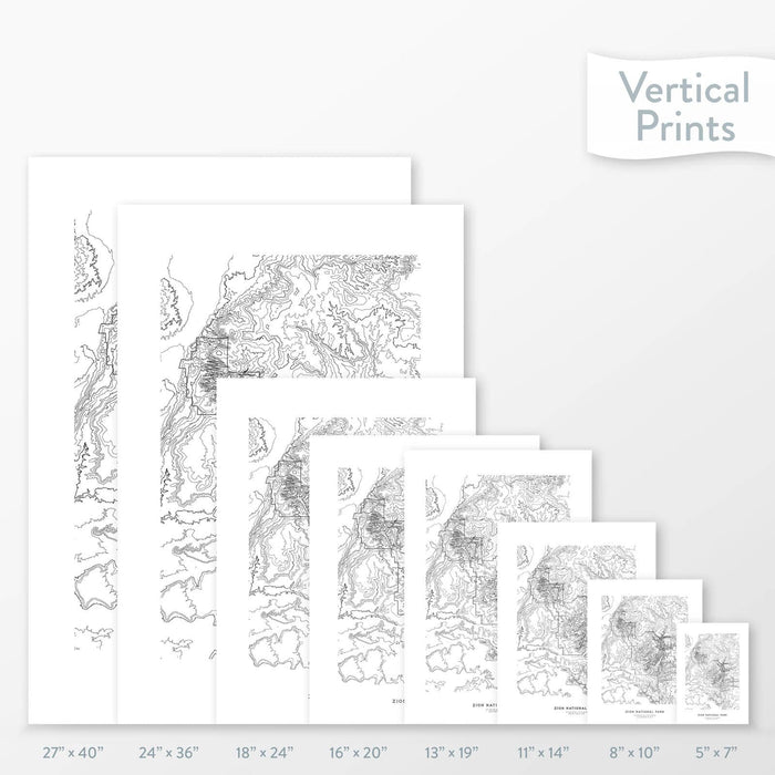 All sizes of Zion National Park topography vertical prints.