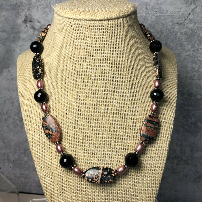 Jasper, Onyx & Freshwater Pearl Necklace