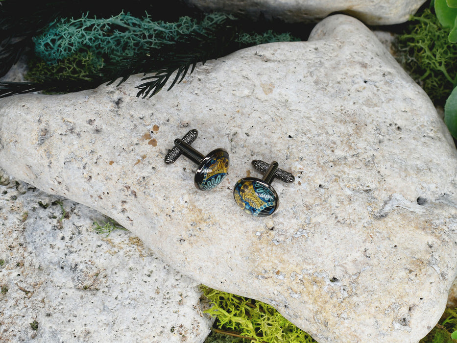 Black Steel Cufflinks with Abstract Glass #221