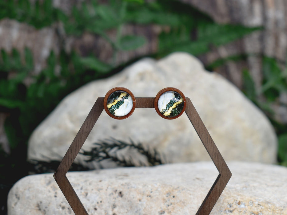 Wood Stud Earrings With Resin Cabochon #371