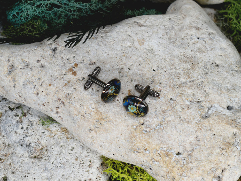Black Steel Cufflinks with Abstract Glass #220