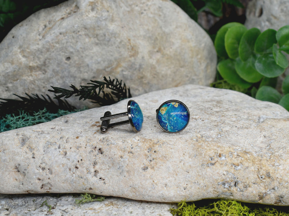 Black Steel Cufflinks with Abstract Glass #231