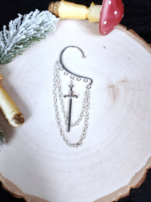 Sword Ear Cuff - Gold and Bronze or Silver - Ear Hanger Earrings - Sword Ear Wrap - Dangle Chain Earring Cuff