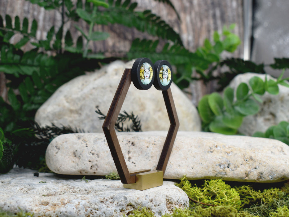 Wood Stud Earrings With Glass Cabochon #217