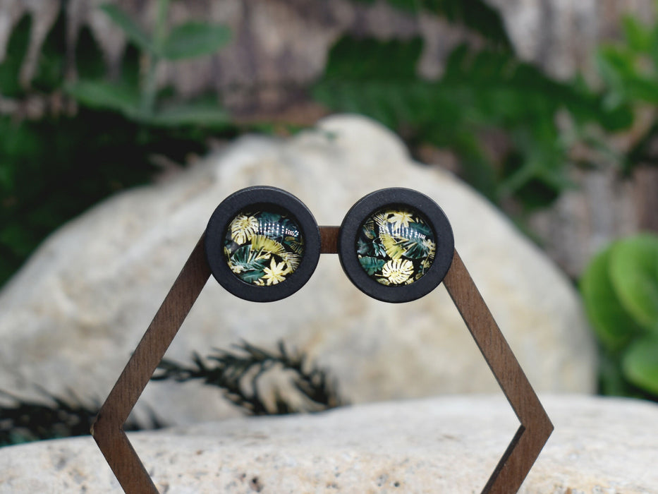 Wood Stud Earrings With Glass Tropical Cabochon #178