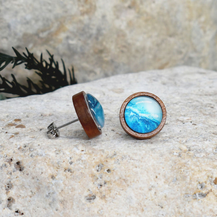 Wood Stud Earrings With Resin Cabochon #375
