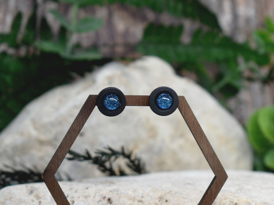 Wood Stud Earrings With Resin Chameleon Cabochon #225