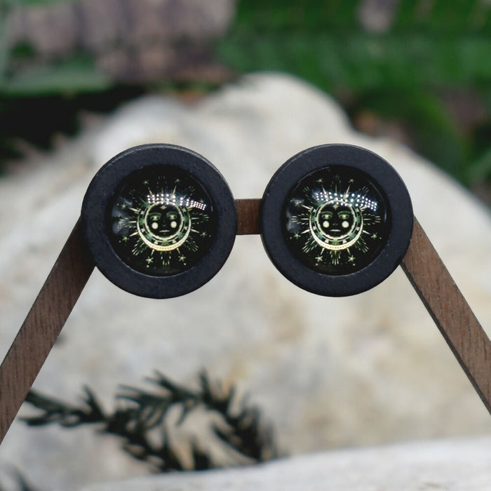 Wood Stud Earrings With Glass Cabochon #222