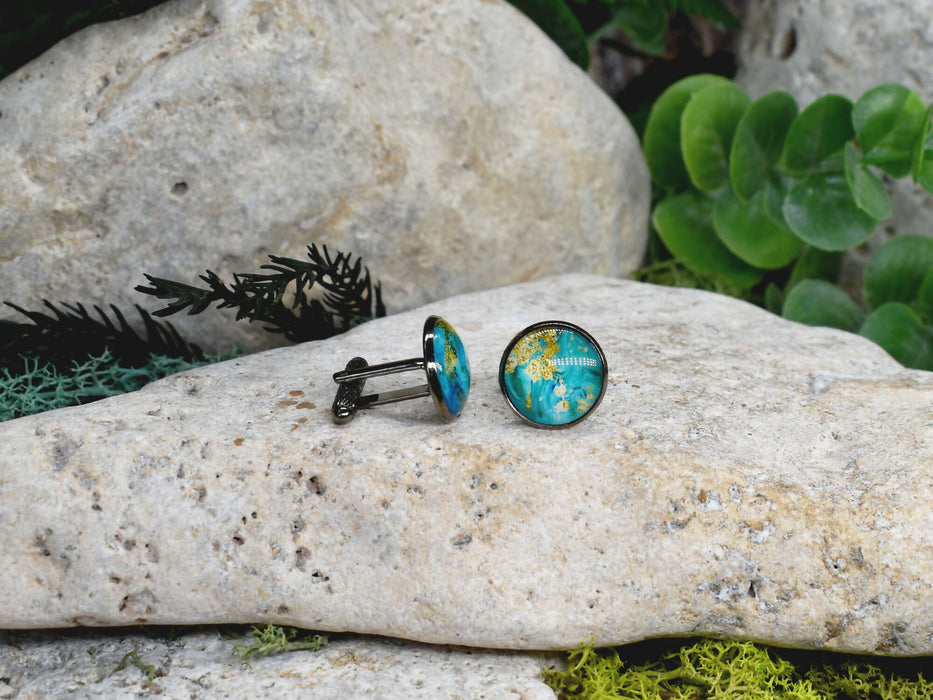 Black Steel Cufflinks with Abstract Glass #230