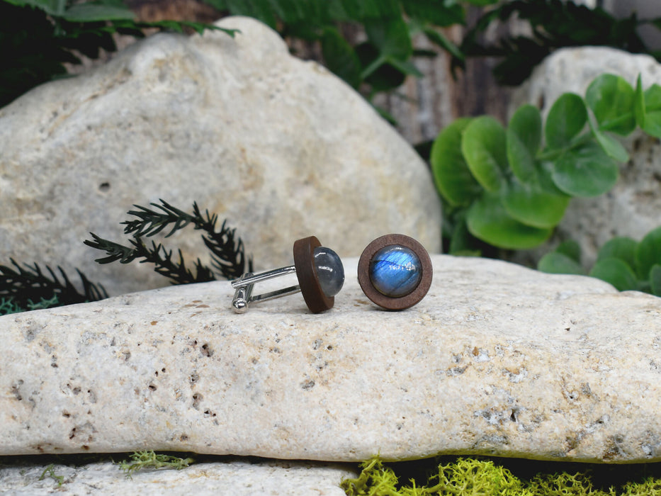 Wood Cufflinks with Labradorite Stone #179