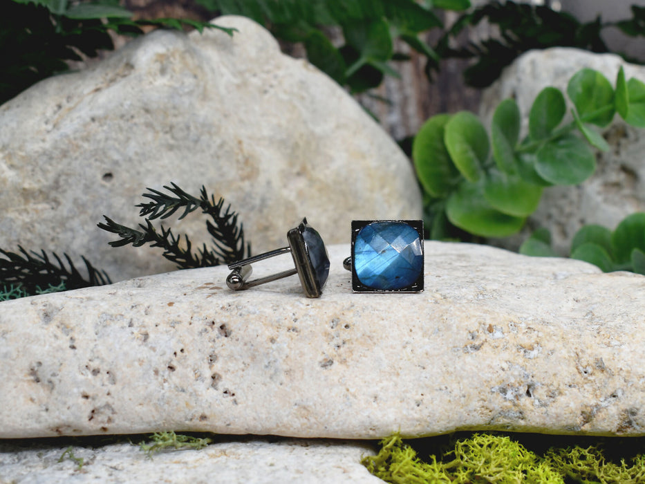 Black Steel Cufflinks with Labradorite Stone #186