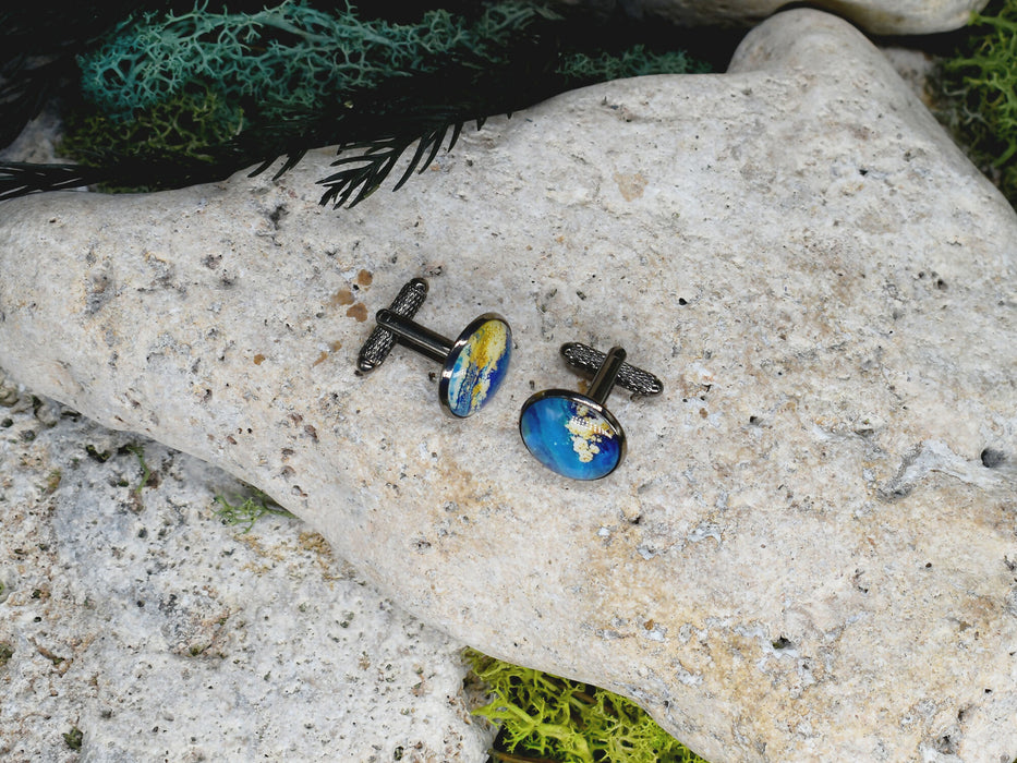 Black Steel Cufflinks with Abstract Glass #236