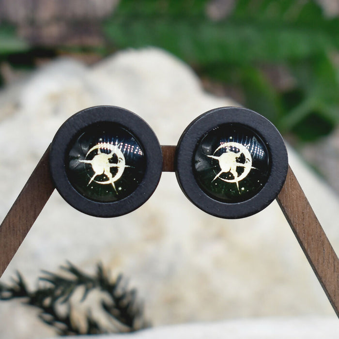 Wood Stud Earrings With Glass Sun Moon Cabochon #188