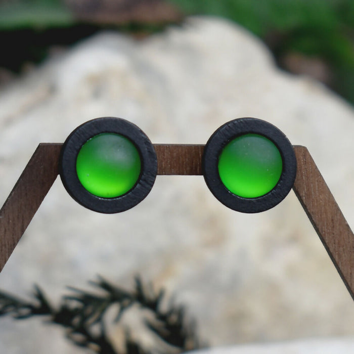 Wood Stud Earrings With Resin Chameleon Cabochon #241