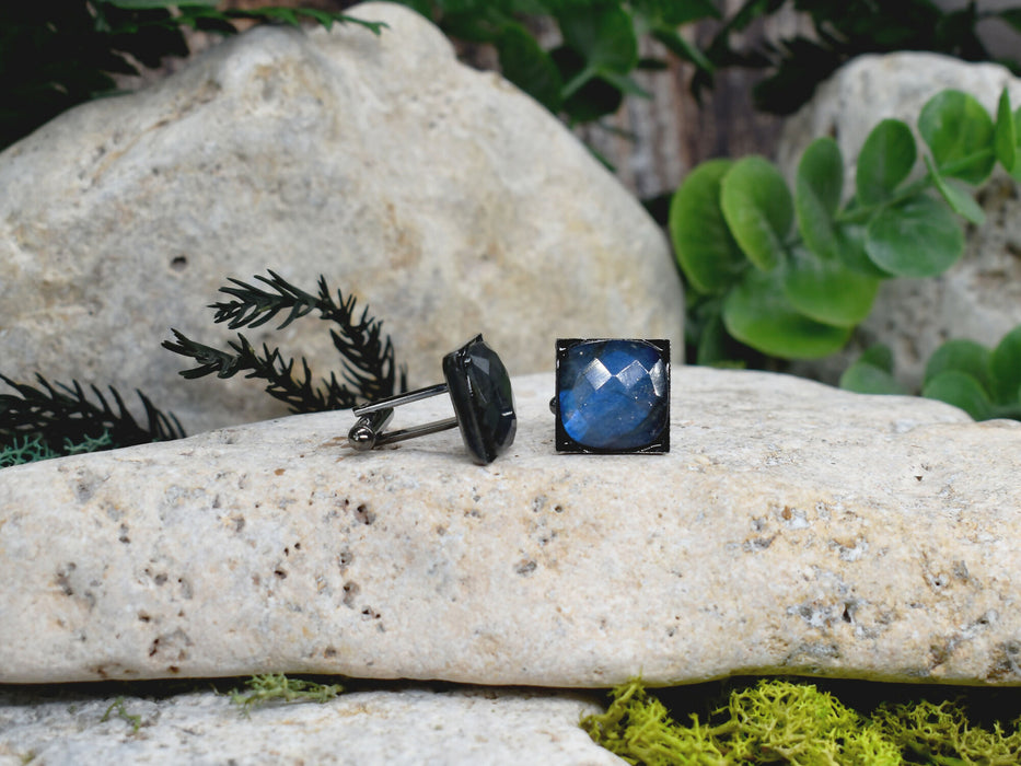 Black Steel Cufflinks with Labradorite Stone #184