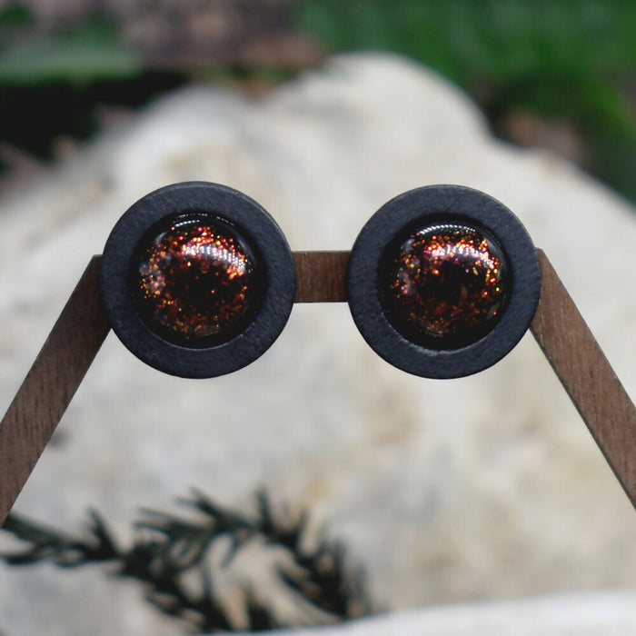 Wood Stud Earrings With Resin Chameleon Cabochon #226