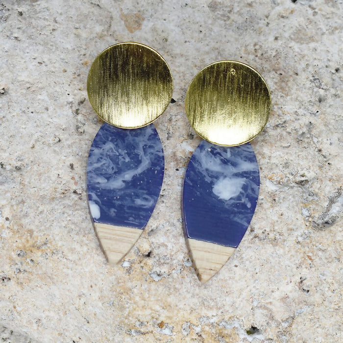 Wood Dangle Earrings with Blue Resin #459