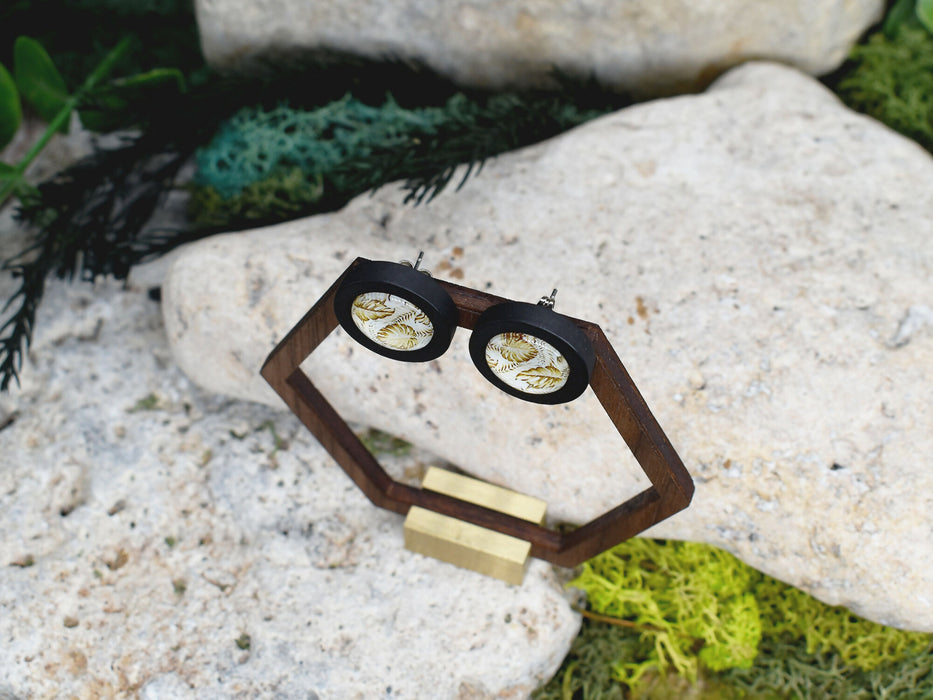 Wood Stud Earrings With Glass Monstera Cabochon #169