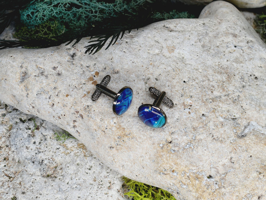 Black Steel Cufflinks with Abstract Glass #235