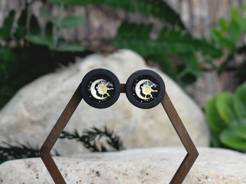 Wood Stud Earrings With Glass Cabochon #212
