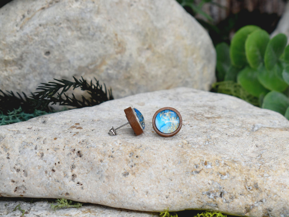 Wood Stud Earrings With Resin Cabochon #380