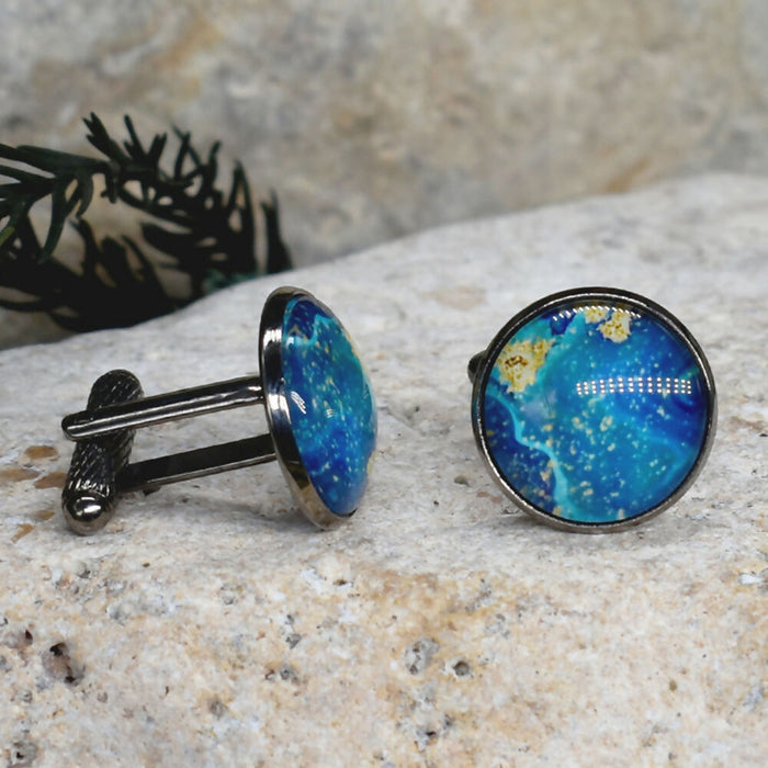 Black Steel Cufflinks with Abstract Glass #231
