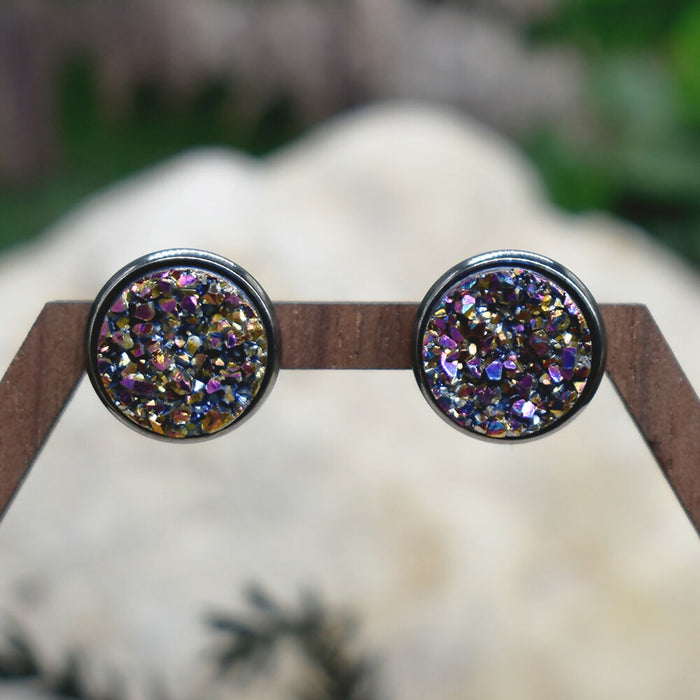 Black Stud Earrings With Resin Druzy #134