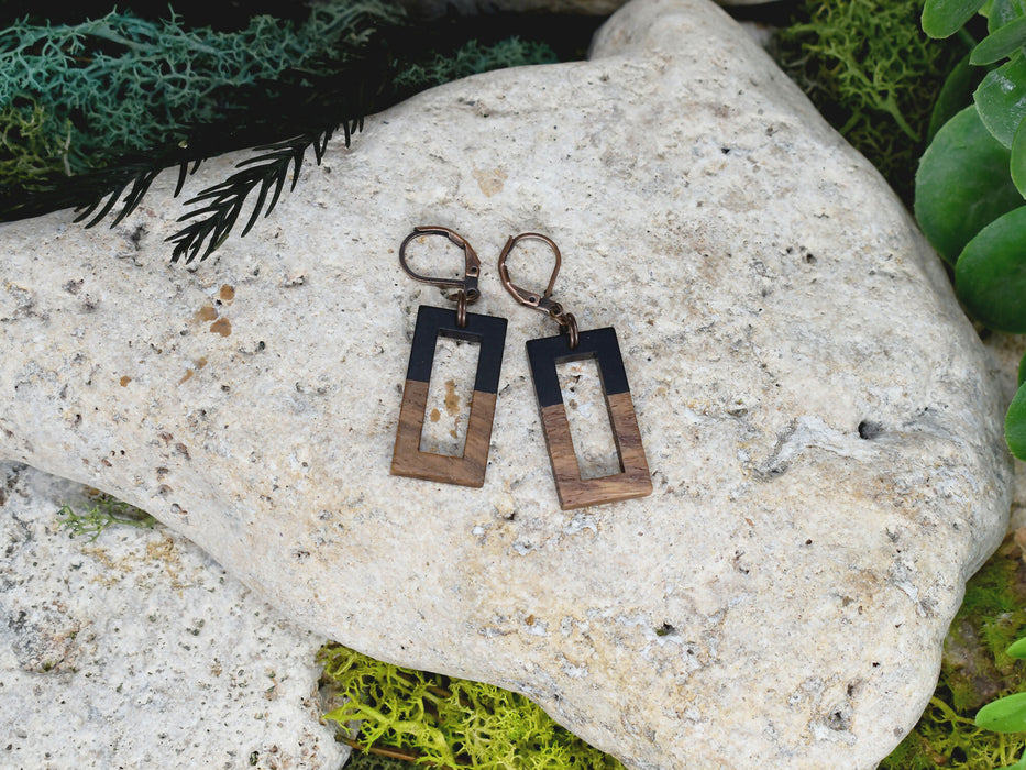 Wood Dangle Earrings with Black Resin #254