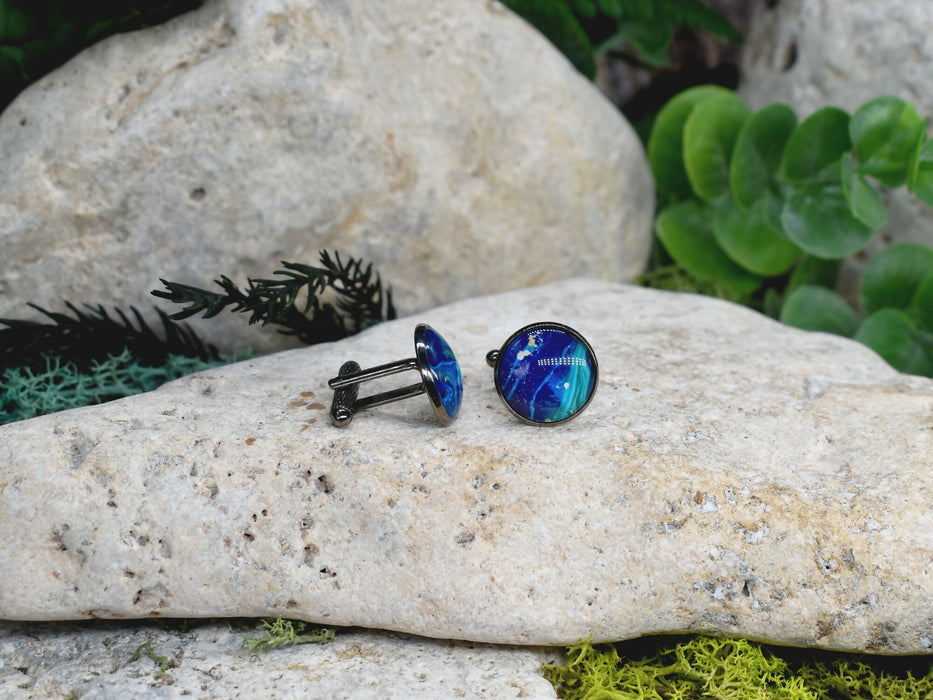 Black Steel Cufflinks with Abstract Glass #235