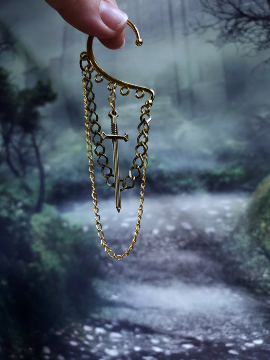 Sword Ear Cuff - Gold and Bronze or Silver - Ear Hanger Earrings - Sword Ear Wrap - Dangle Chain Earring Cuff