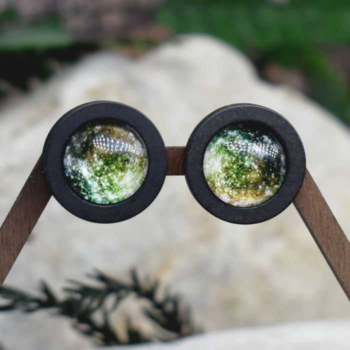 Wood Stud Earrings With Glass Callisto Cabochon #197