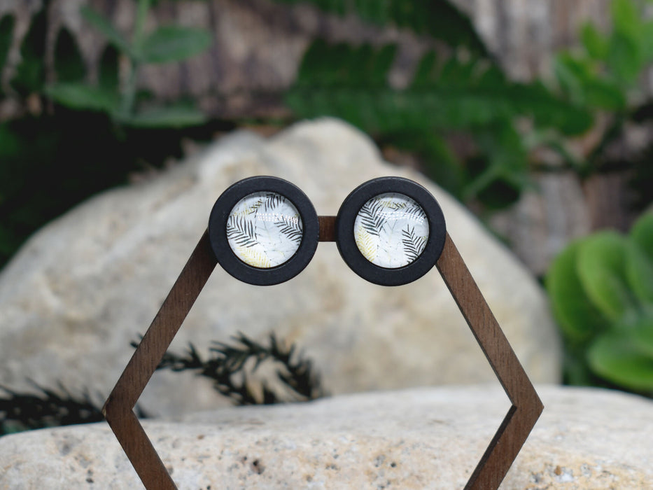 Wood Stud Earrings With Glass Tropical Cabochon #189