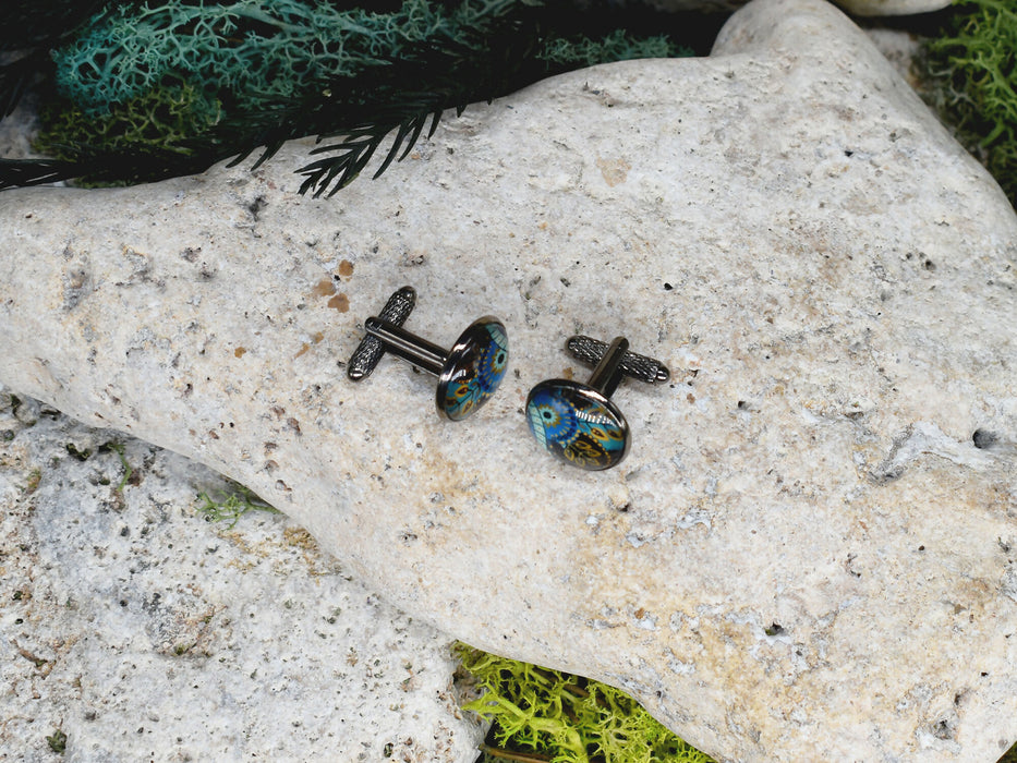 Black Steel Cufflinks with Abstract Glass #216