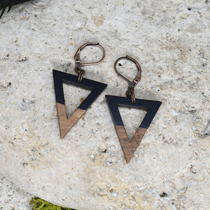 Wood Dangle Earrings with Black Resin #258