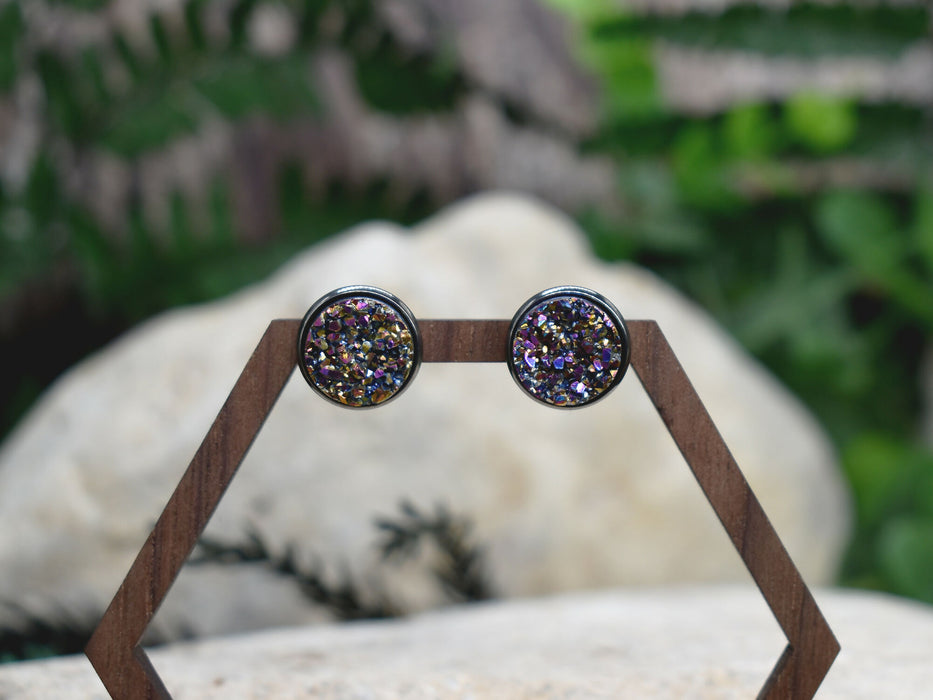 Black Stud Earrings With Resin Druzy #134