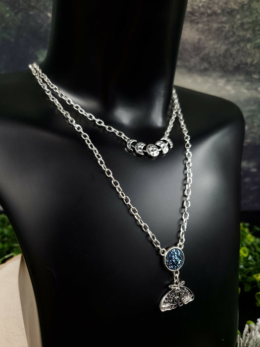 Silver Moth Moon Phase layered Necklace, Silver Chain Necklace