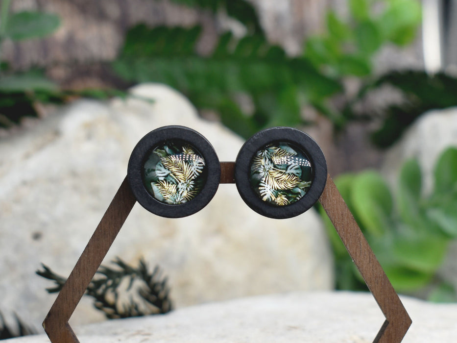 Wood Stud Earrings With Glass Tropical Cabochon #163