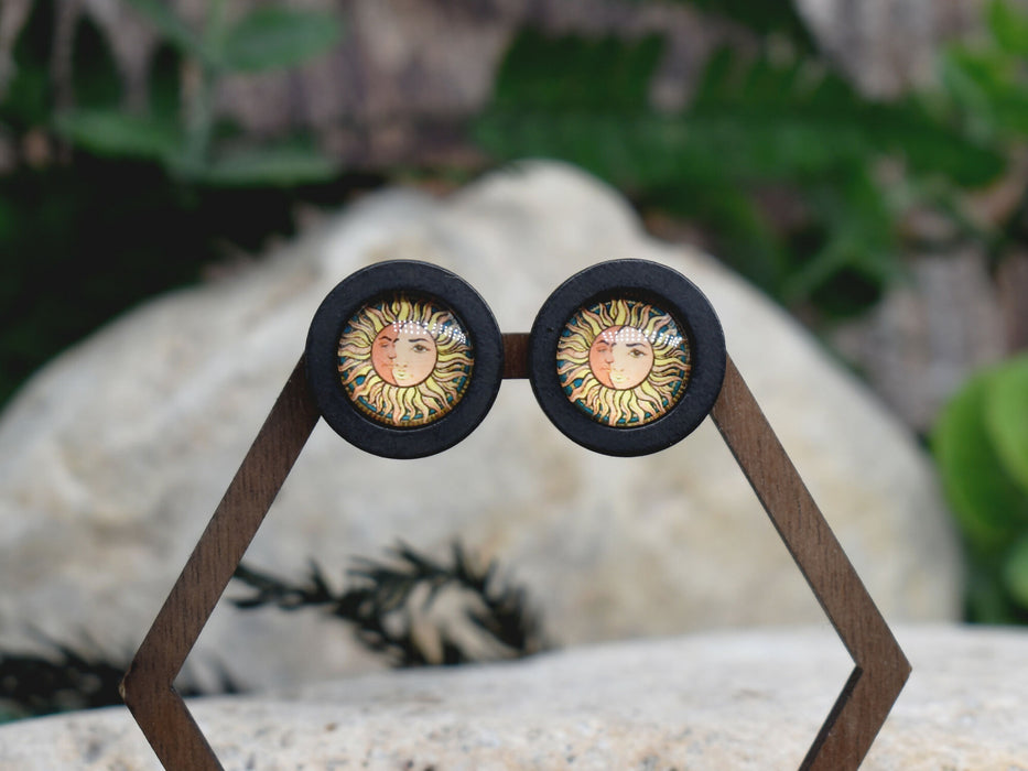 Wood Stud Earrings With Glass Cabochon #198