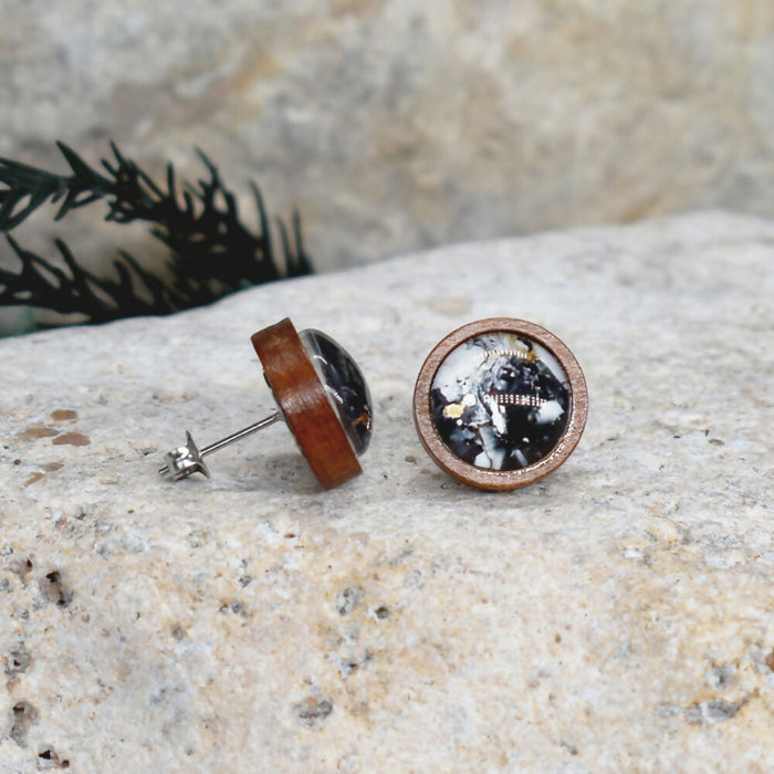 Wood Stud Earrings With Resin Cabochon #367