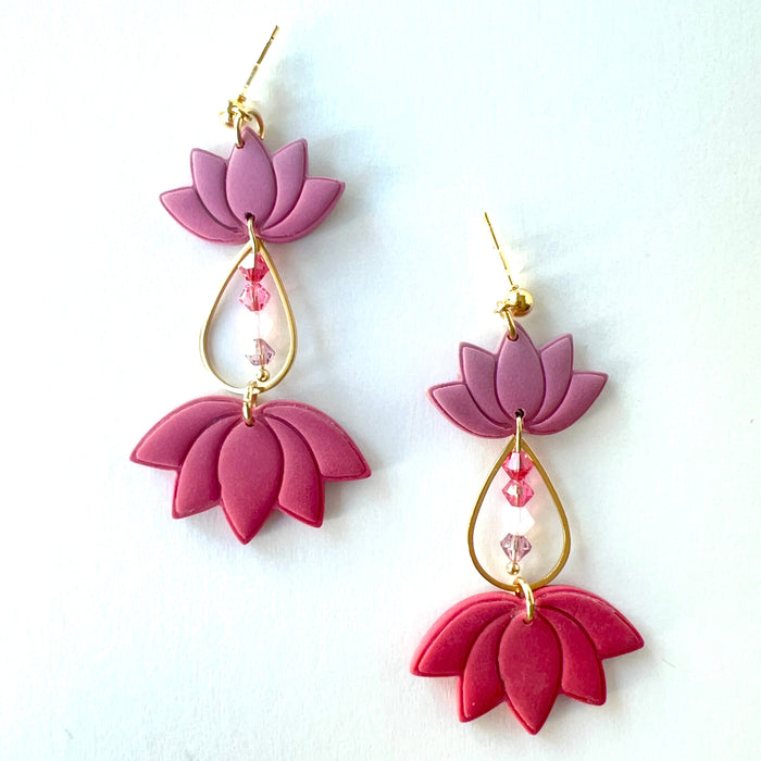 Earrings Purple & Red Ombre | Gold Beaded Lotus Dangle Earrings – Handmade Clay Jewelry | Emaloe’s Thingys