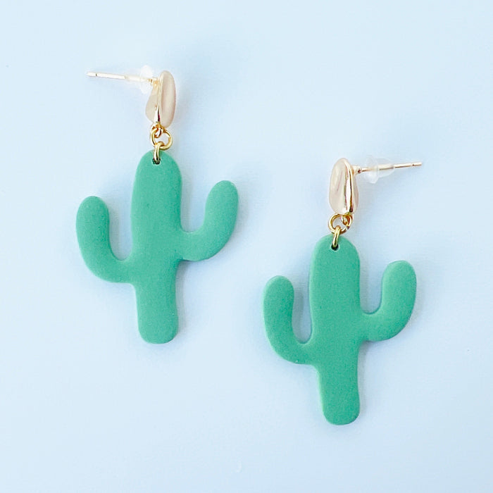 Earrings Gold Organic Posts with Green Cactus Earrings