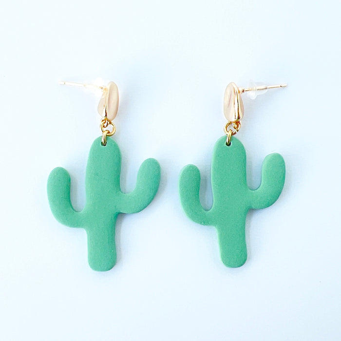 Earrings Gold Organic Posts with Green Cactus Earrings