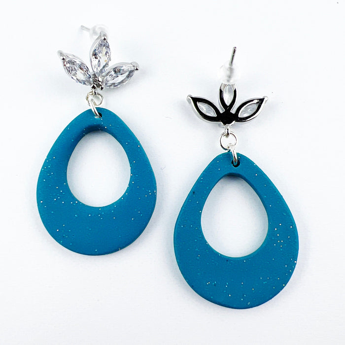 Earrings Kisa - Shimmering Turquoise Teardrop with Floral Cubic Zirconia Posts