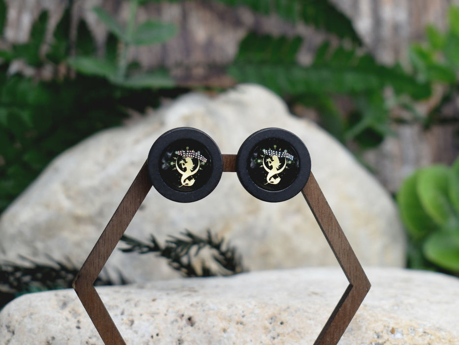 Wood Stud Earrings With Glass Cabochon #221