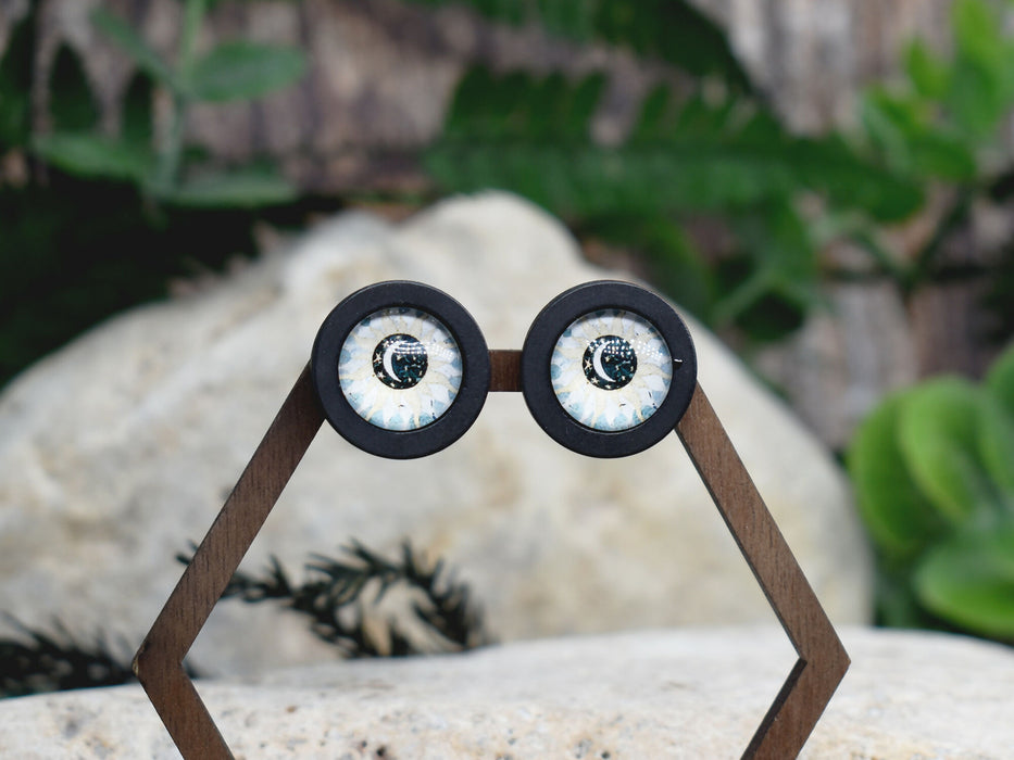 Wood Stud Earrings With Glass Cabochon #190