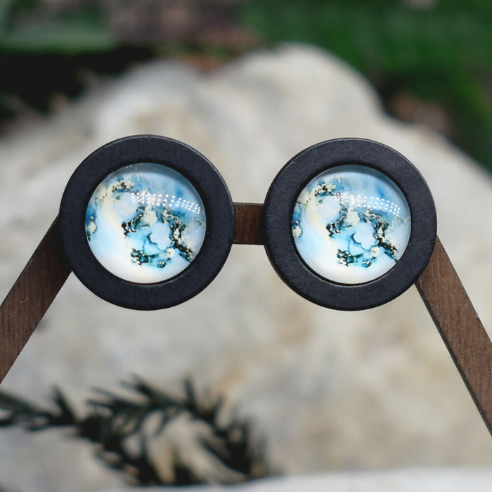 Wood Stud Earrings With Glass Cabochon #202